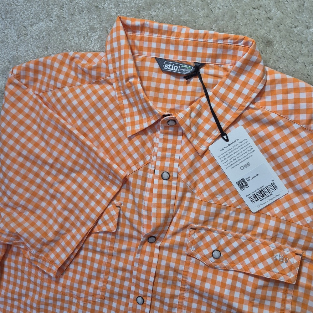 Stio Eddy Pearl Snap Shirt Mens XL Orange Gingham Check Performance Outdoor New